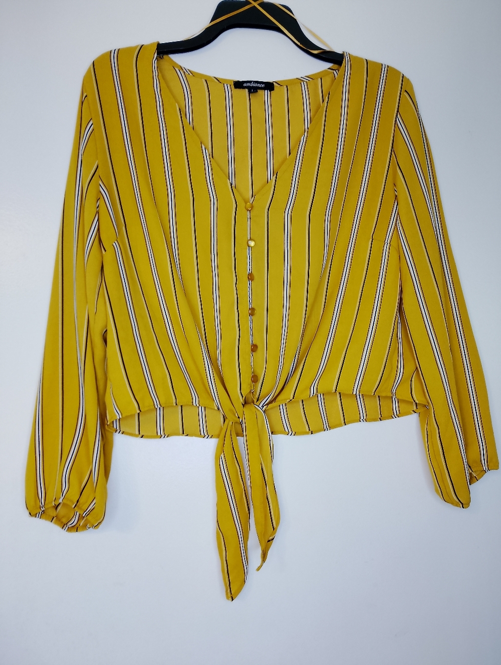 Ambiance Mustard Yellow Striped Tie-Front Blouse